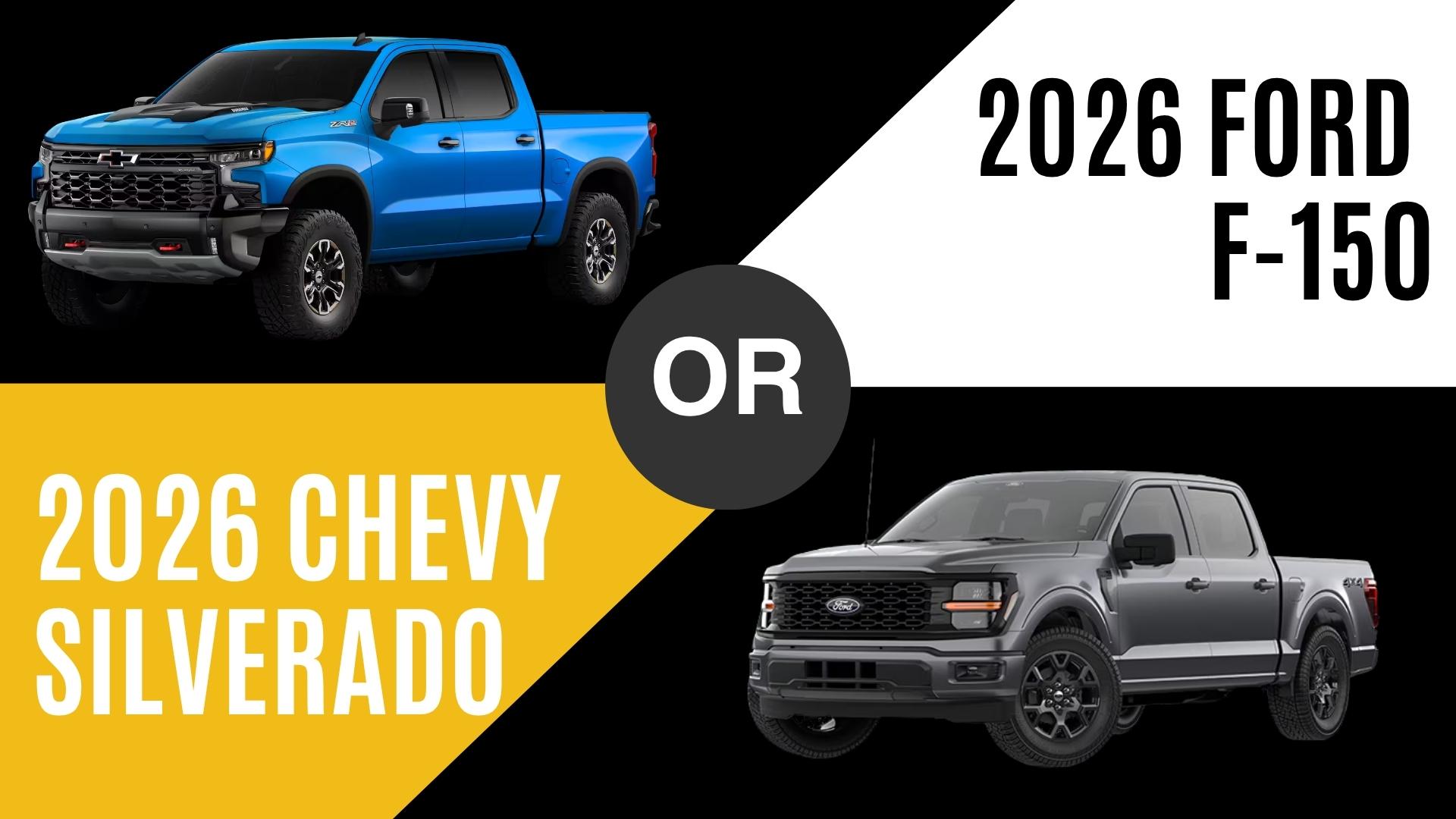 Comparison image of 2026 Chevrolet Silverado and 2026 Ford F-150 trucks side by side for truck shoppers in Little Rock, AR
